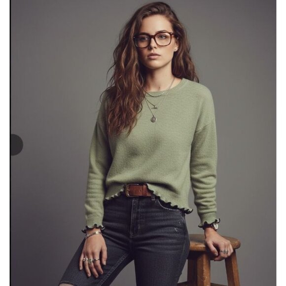 ZARA Wool Alpaca Blend Lightweight Base Layer Ruffled Hem Sweater Women's Small - Picture 1 of 10